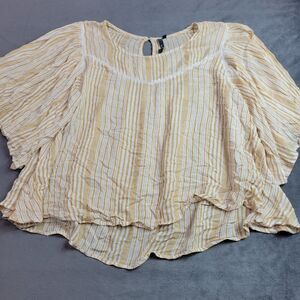 LOV Shirt Womens Large Top Yellow White Stripe Ruffle Sleeve Comfort Pullover